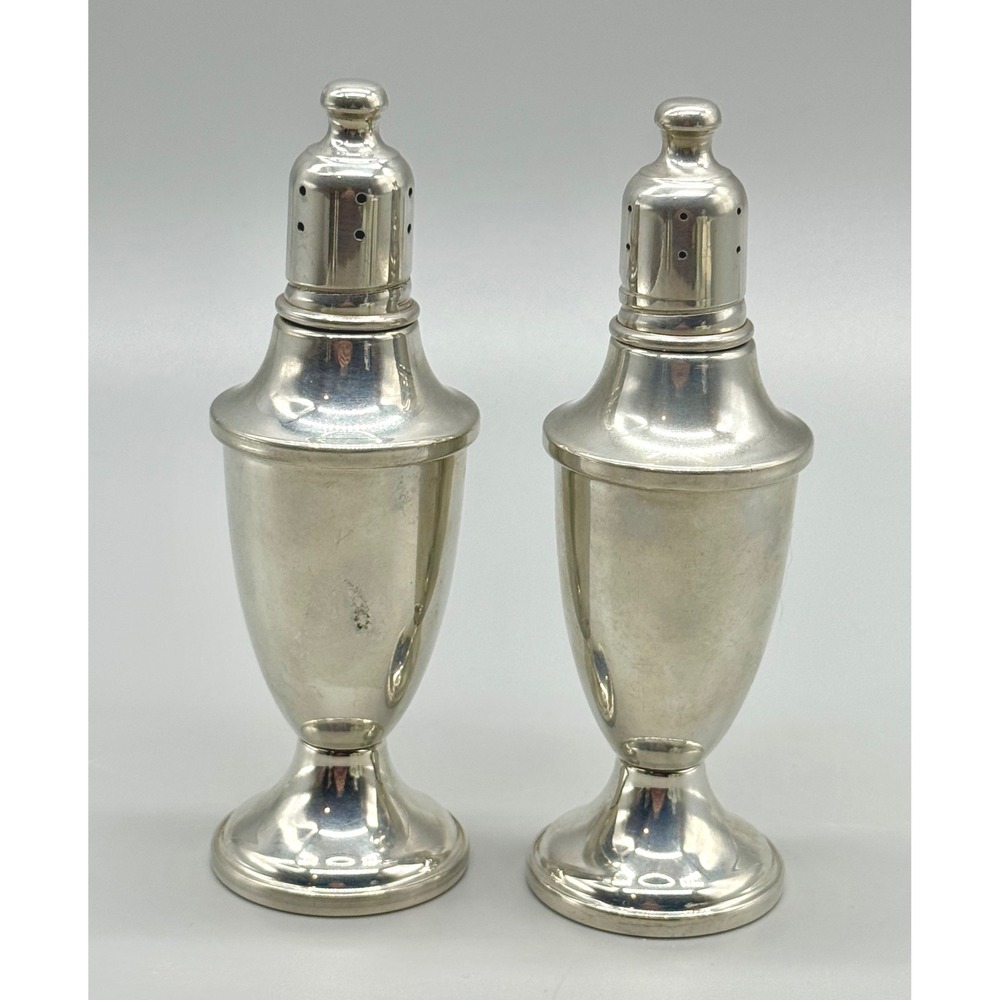 Web Pewter Salt Pepper Shakers Silver Weighted Pedestal Amber Glass Lined 5 inch